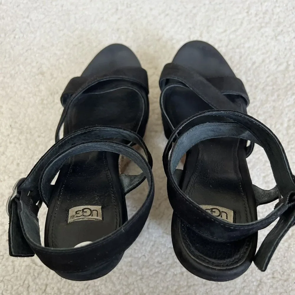 UGG  Ariah Black Suede Nubuck‎ Snake Wedge Platform Sandals Women Size 7